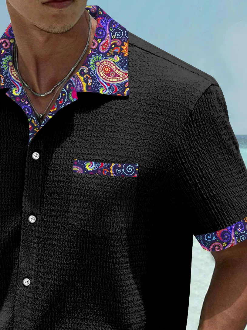 Royaura® Basic Paisley Patchwork Printed Men's Seersucker Stretch Shirt Big Tall