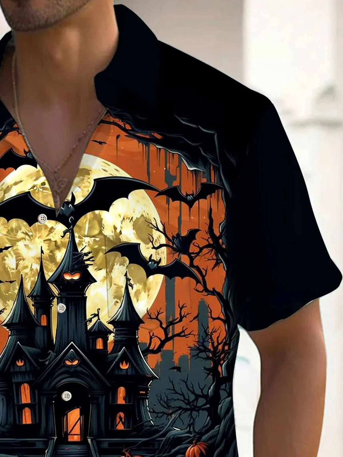 Royaura® Halloween Castle Bat 3D Digital Print Men's Button Pocket Short Sleeve Shirt Big & Tall