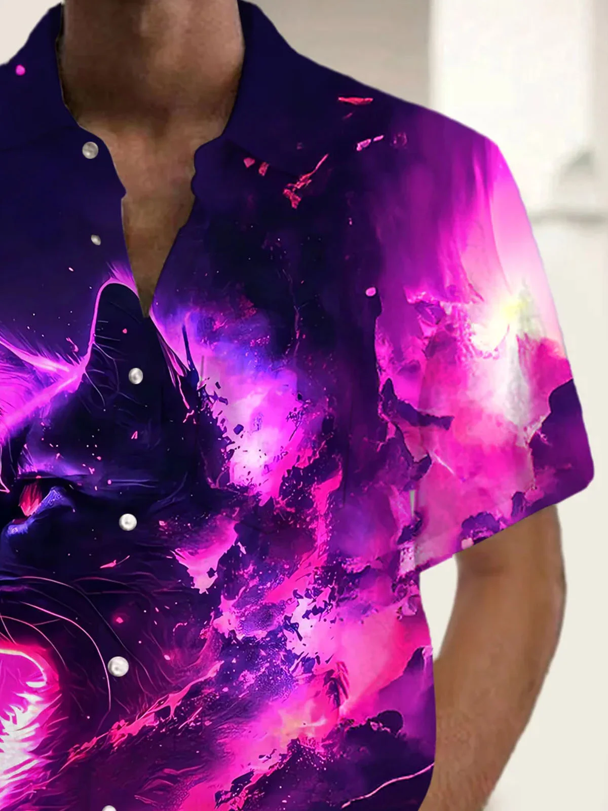 Royaura® Retro Art Cat Gradient 3D Digital Print Men's Button Pocket Short Sleeve Shirt Big & Tall