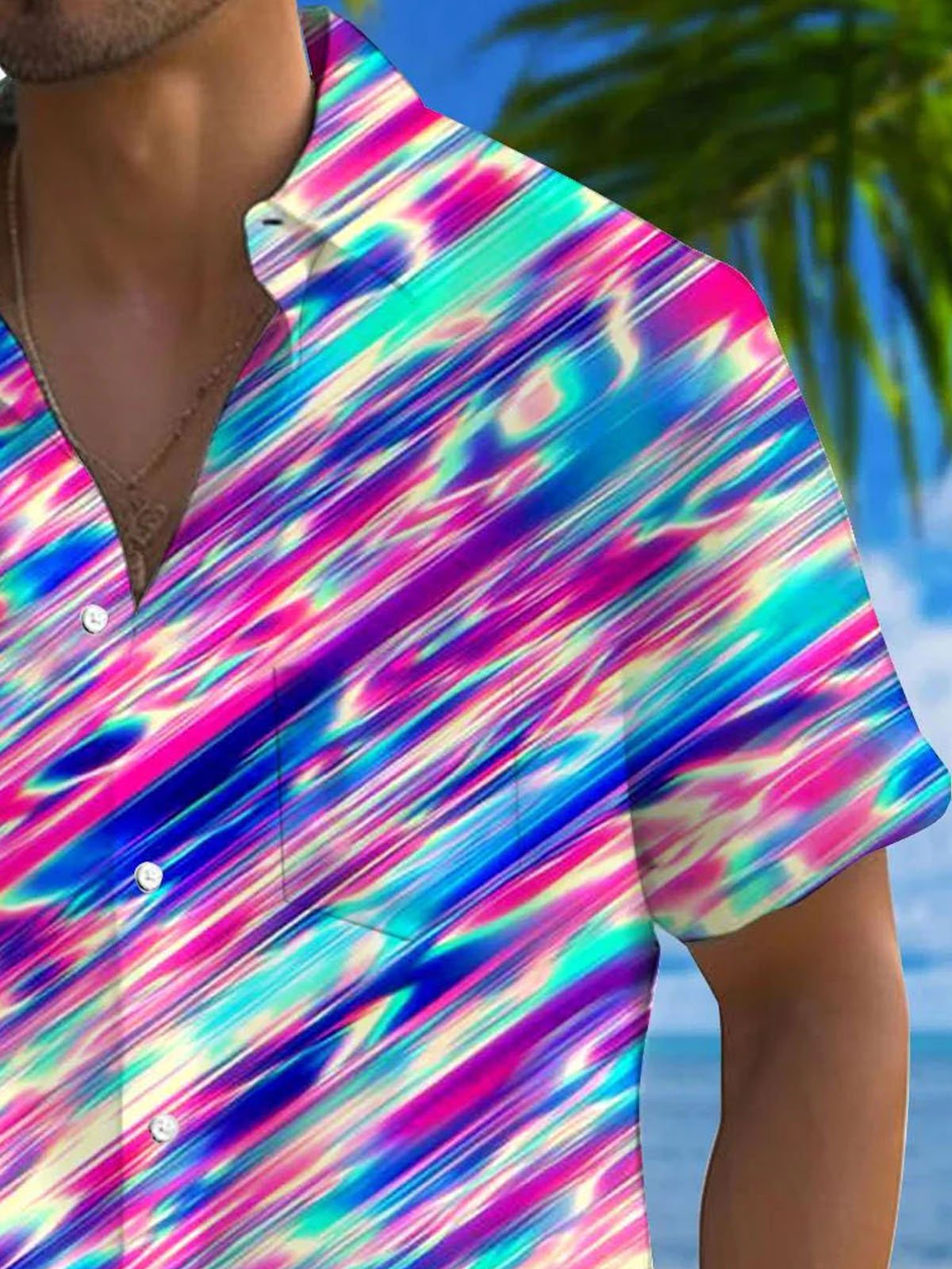 Royaura® Hawaiian Gradient Stripes 3D Digital Print Men's Button Pocket Short Sleeve Shirt Big & Tall