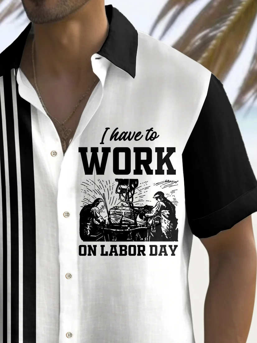 Royaura® Vintage Bowling Labor Day Print Men's Chest Pocket Stretch Shirt Big Tall