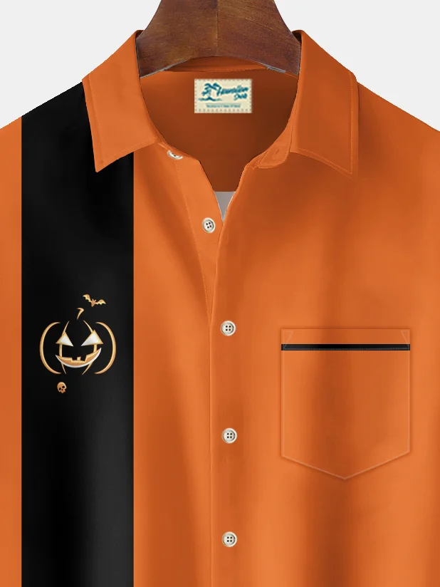 Royaura® Vintage Bowling Halloween Pumpkin Print Men's Chest Pocket Stretch Shirt Big Tall