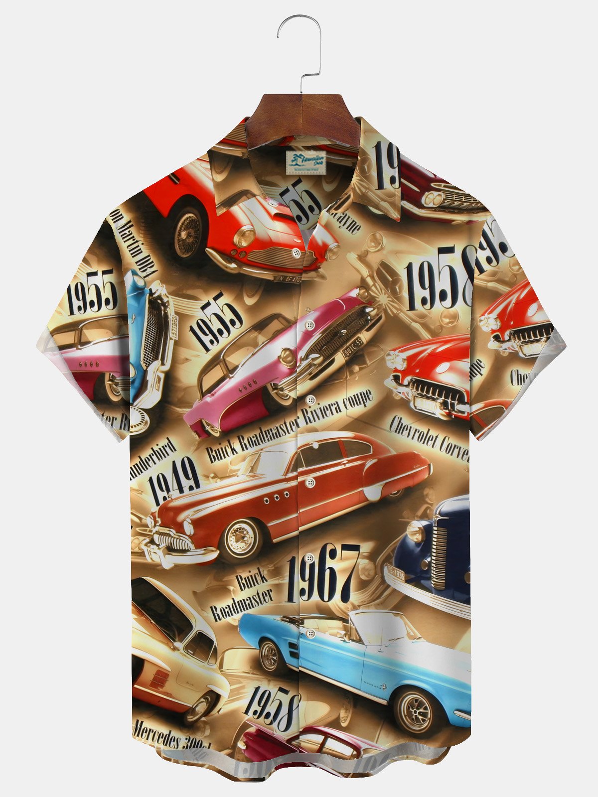 Royaura® 60s Retro Classic Car 3D Digital Print Men's Button Pocket Short Sleeve Shirt Big & Tall