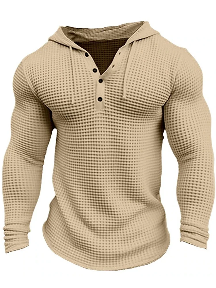 Royaura® Retro Waffle Men's Drawstring Button Hooded Sweatshirt Big & Tall