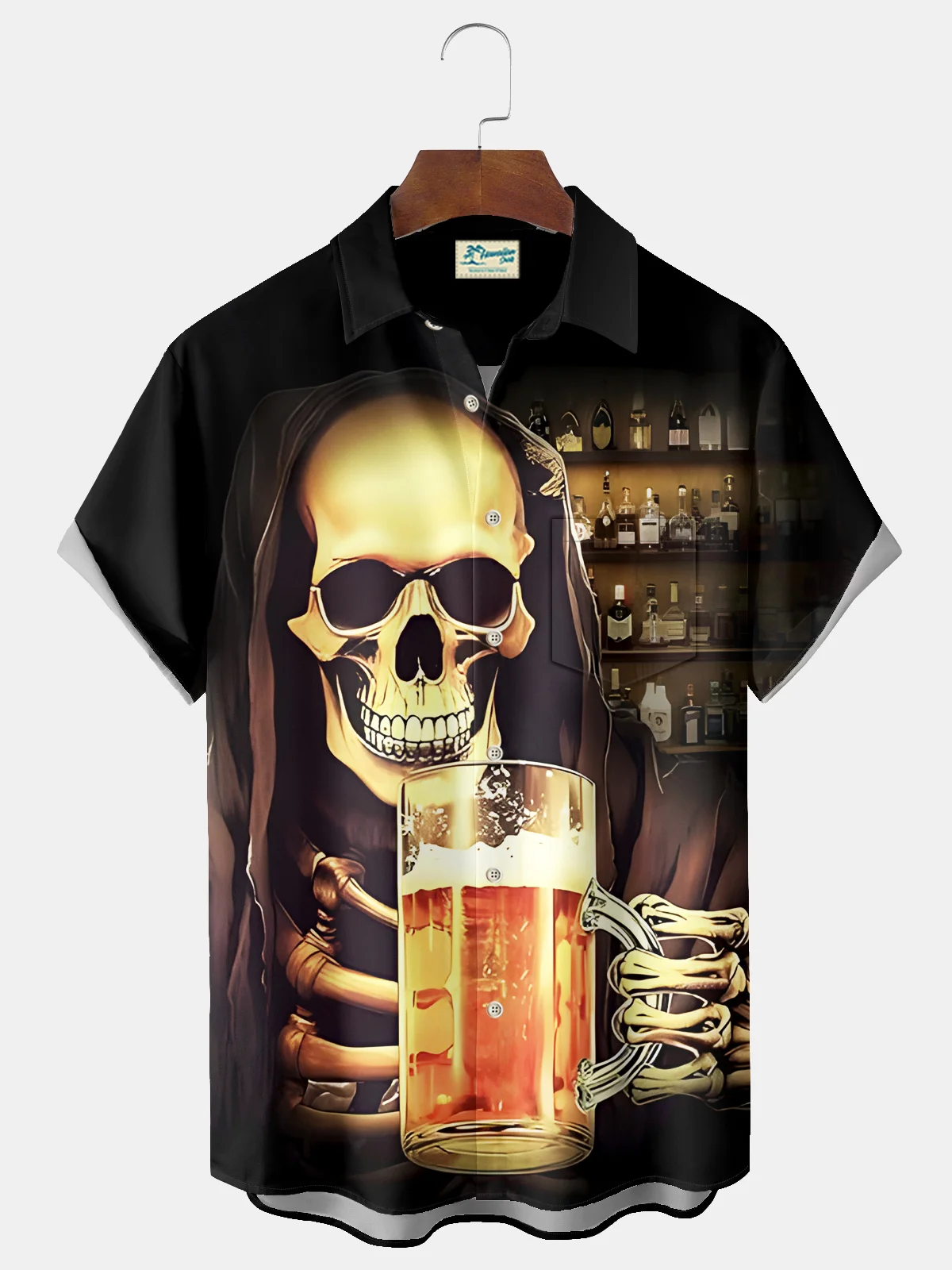 Royaura® Halloween Skull Beer Print Men's Chest Pocket Stretch Shirt Big Tall