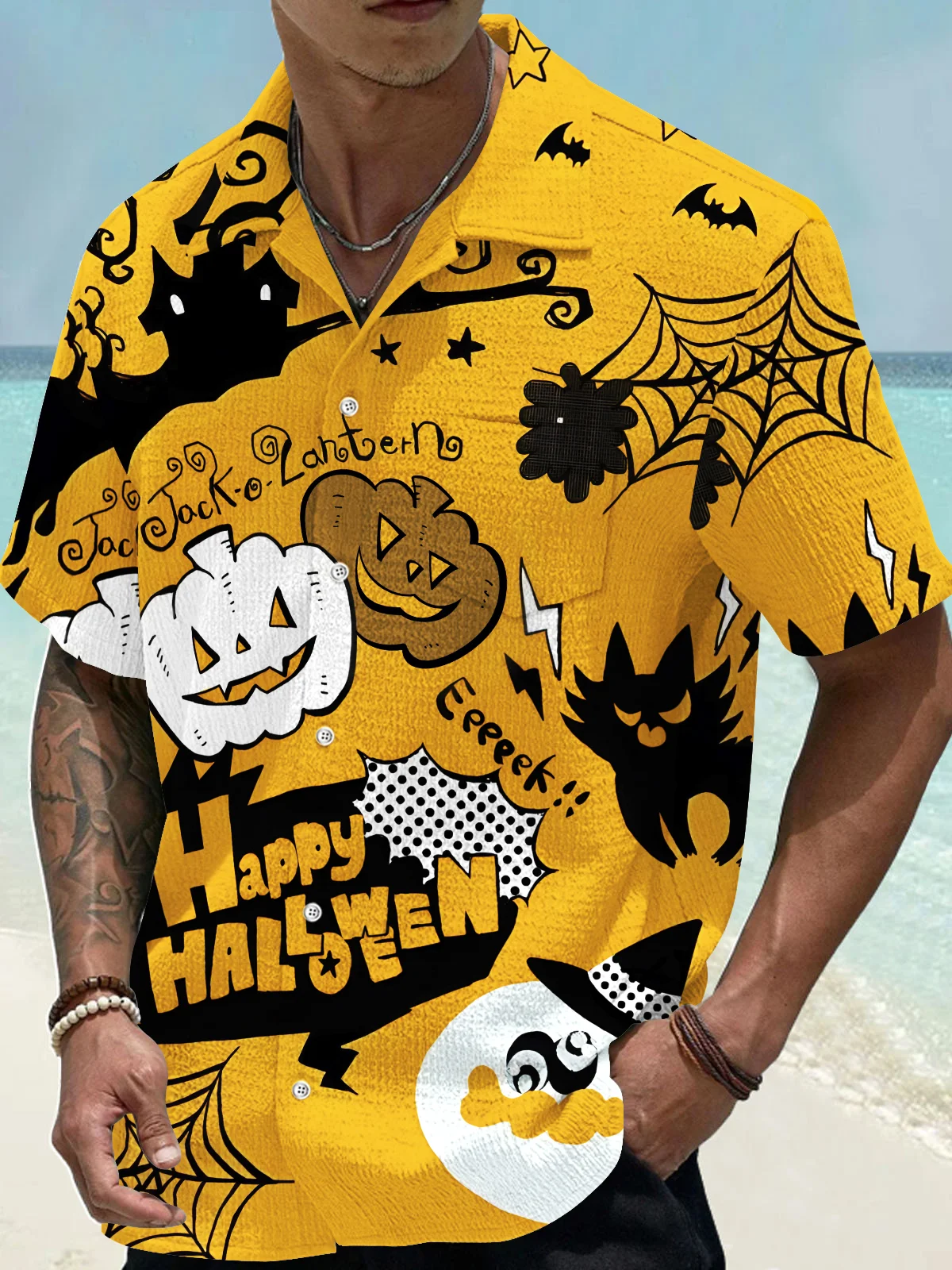 Royaura® Halloween Pumpkin Cartoon Print Men's Seersucker Stretch Shirt Big Tall