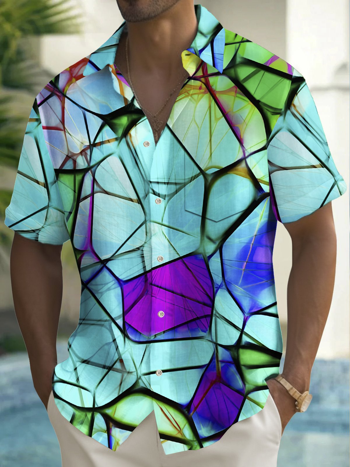 Royaura® Vintage Geometric Psychedelic Print Men's Chest Pocket Stretch Shirt Big Tall