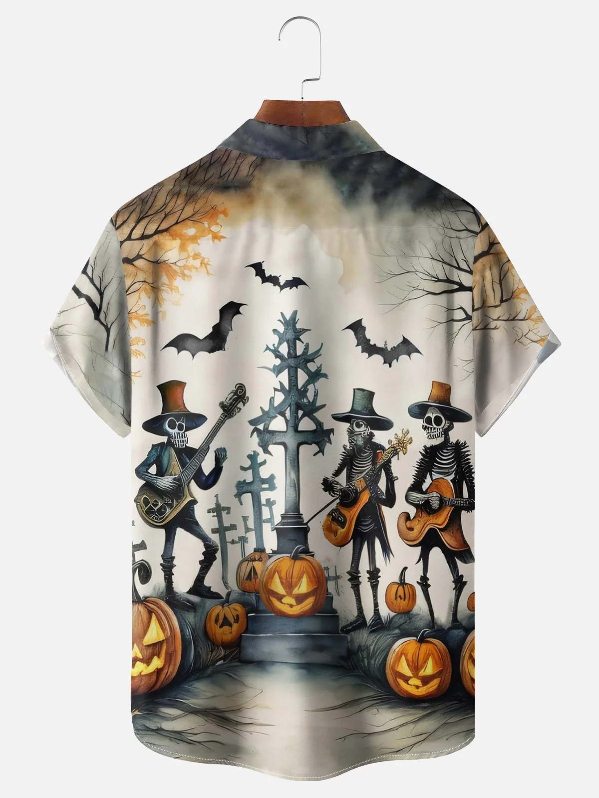 Royaura® Retro Halloween Skull Pumpkin 3D Digital Print Men's Button Pocket Short Sleeve Shirt Big & Tall