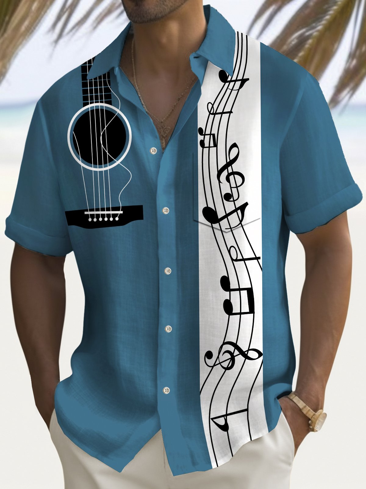 Royaura® Vintage Bowling Music Guitar Note Print Men's Chest Pocket Stretch Shirt Big Tall