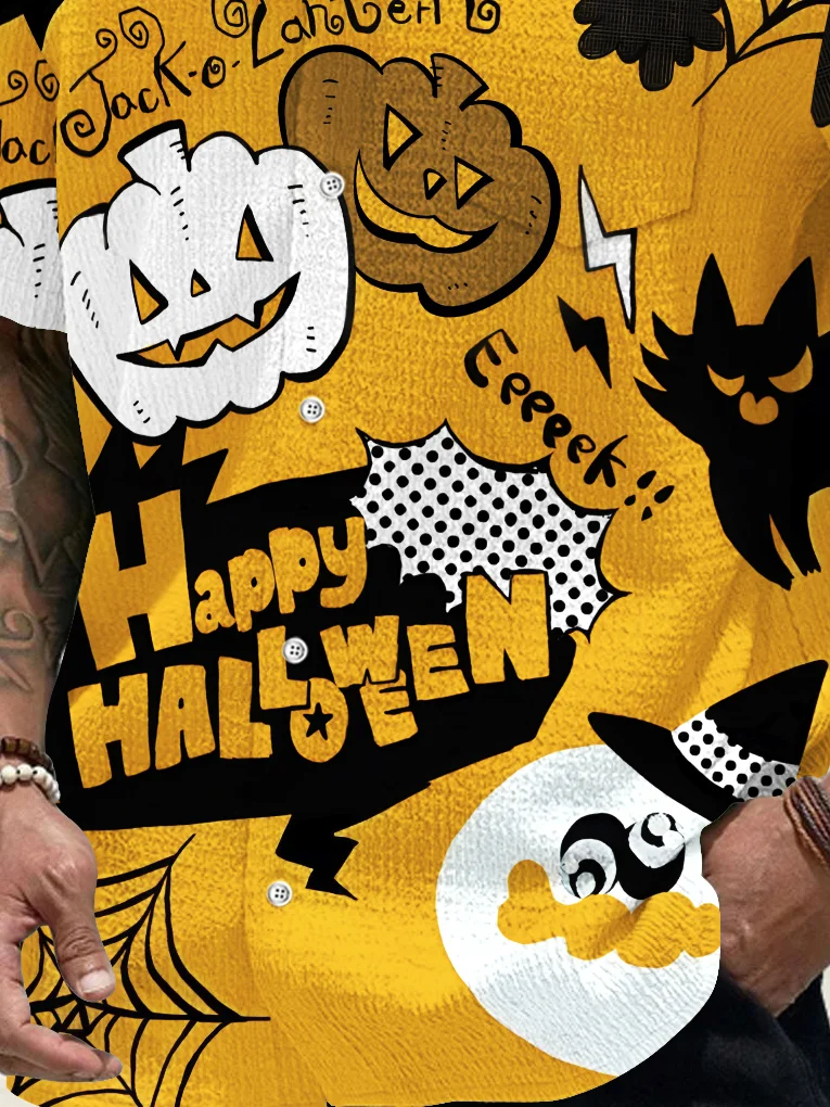 Royaura® Halloween Pumpkin Cartoon Print Men's Seersucker Stretch Shirt Big Tall