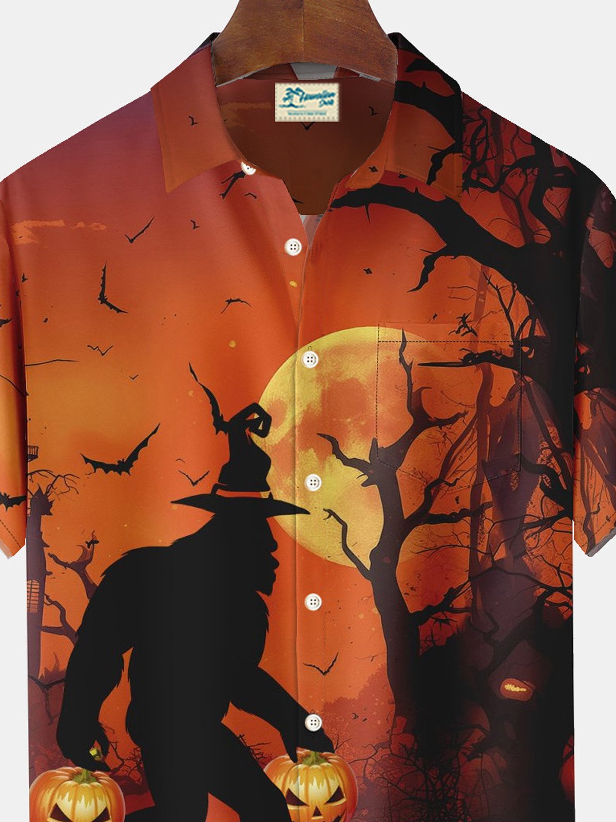 Royaura® Retro Pumpkin Orangutan 3D Digital Print Men's Button Pocket Short Sleeve Shirt Big & Tall