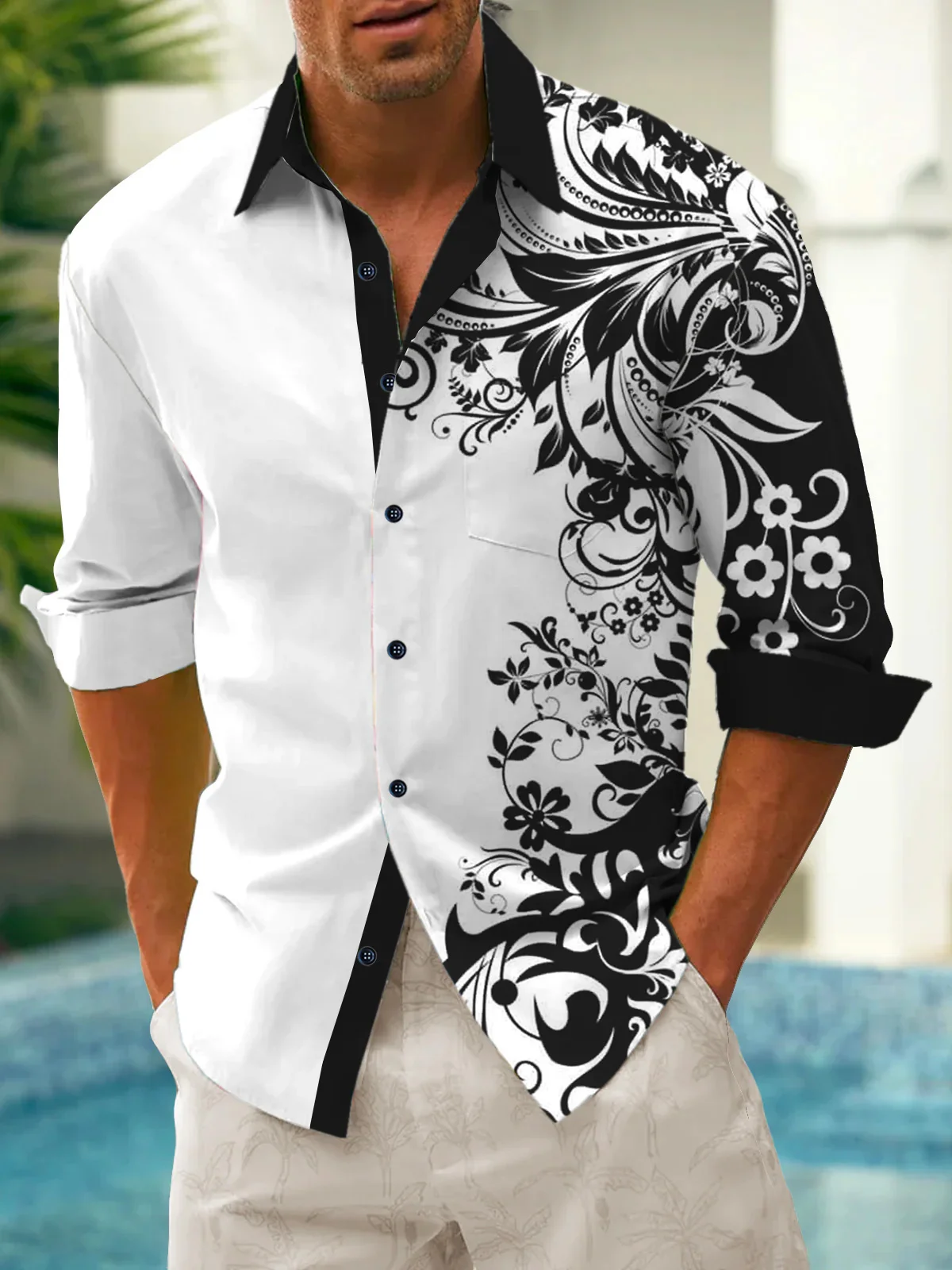 Royaura® Vintage Floral 3D Digital Print Men's Button Pocket Long Sleeve Shirt Big & Tall