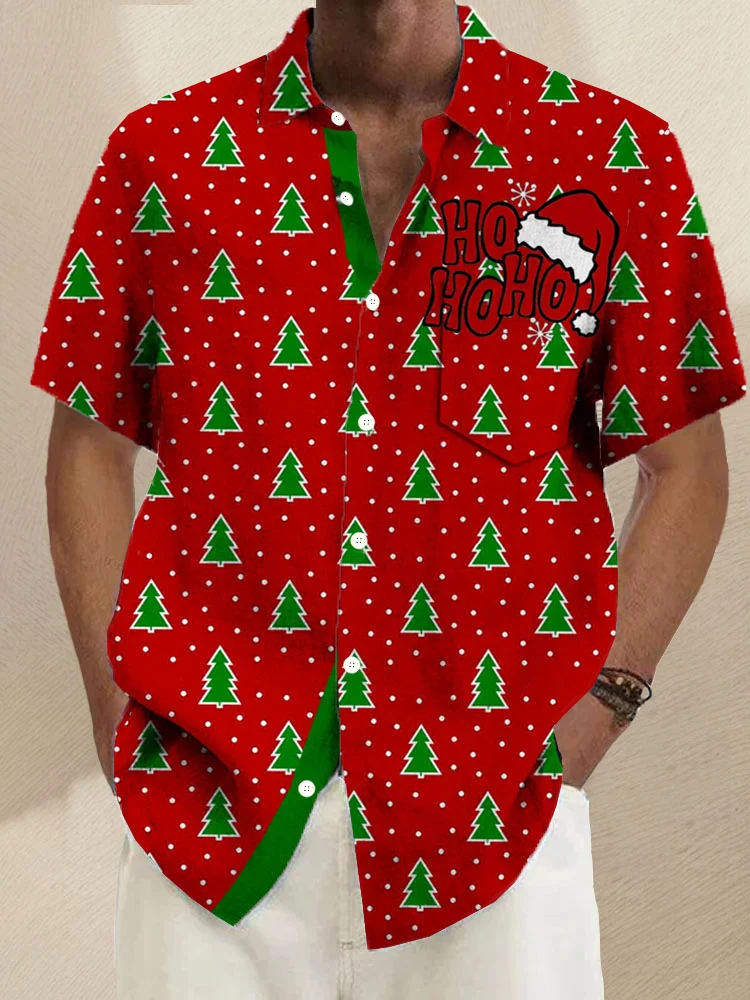 Royaura® Holiday Christmas Tree 3D Digital Print Men's Button Pocket Short Sleeve Shirt Big & Tall