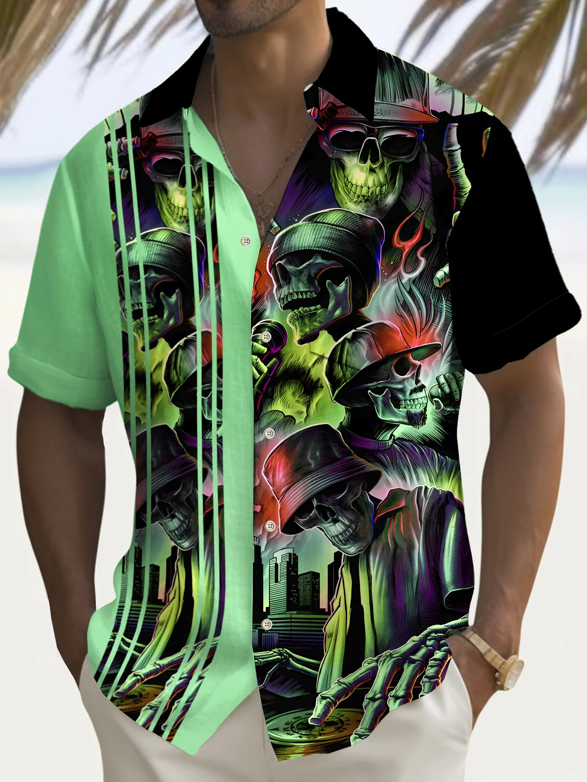 Royaura® Vintage Bowling Halloween Skull Print Men's Chest Pocket Stretch Shirt Big Tall