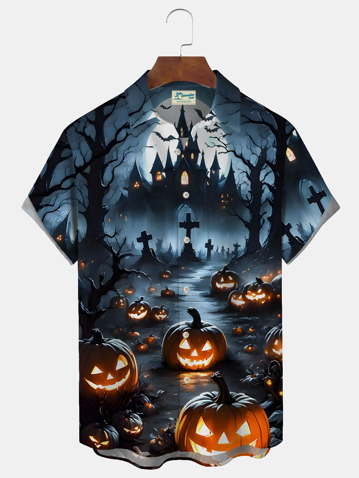 Royaura® Halloween Pumpkin Bat Gradient 3D Digital Print Men's Button Pocket Short Sleeve Shirt Big & Tall