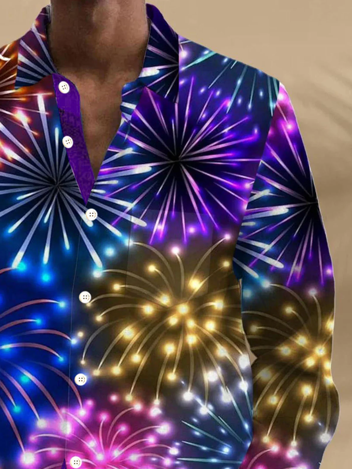 Royaura® Christmas Holiday Party Fireworks Gradient 3D Digital Print Men's Button Pocket Long Sleeve Shirt Big & Tall