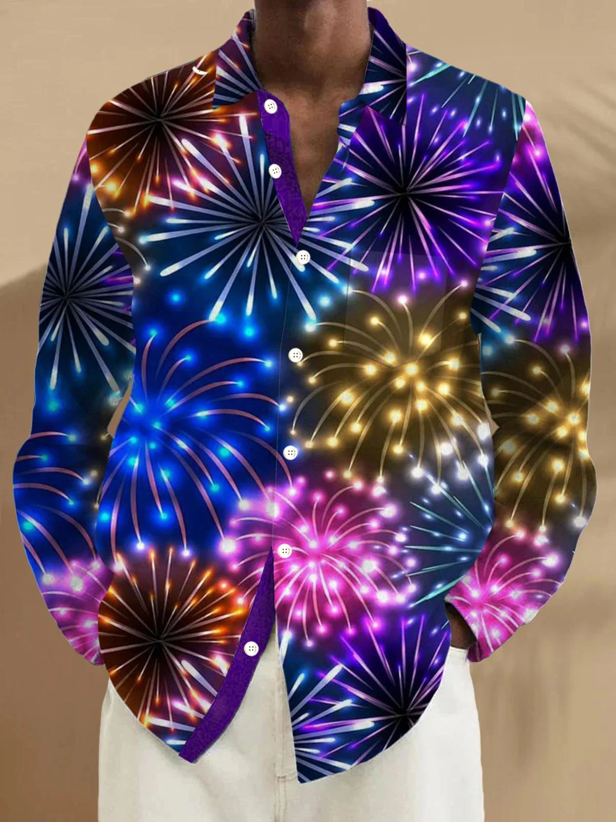 Royaura® Christmas Holiday Party Fireworks Gradient 3D Digital Print Men's Button Pocket Long Sleeve Shirt Big & Tall