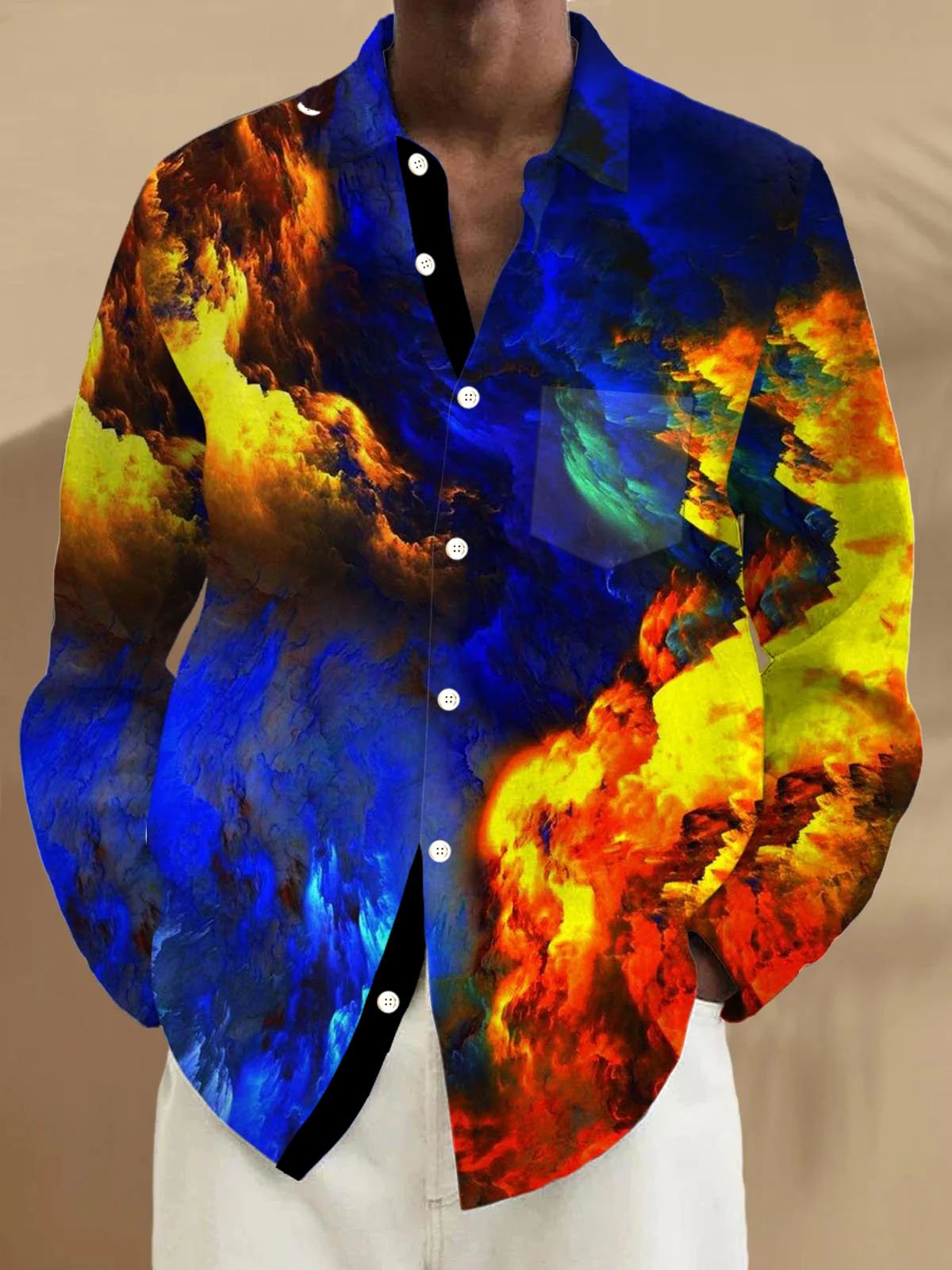 Royaura® Retro Gradient Art Abstract 3D Digital Print Men's Button Pocket Long Sleeve Shirt Big & Tall