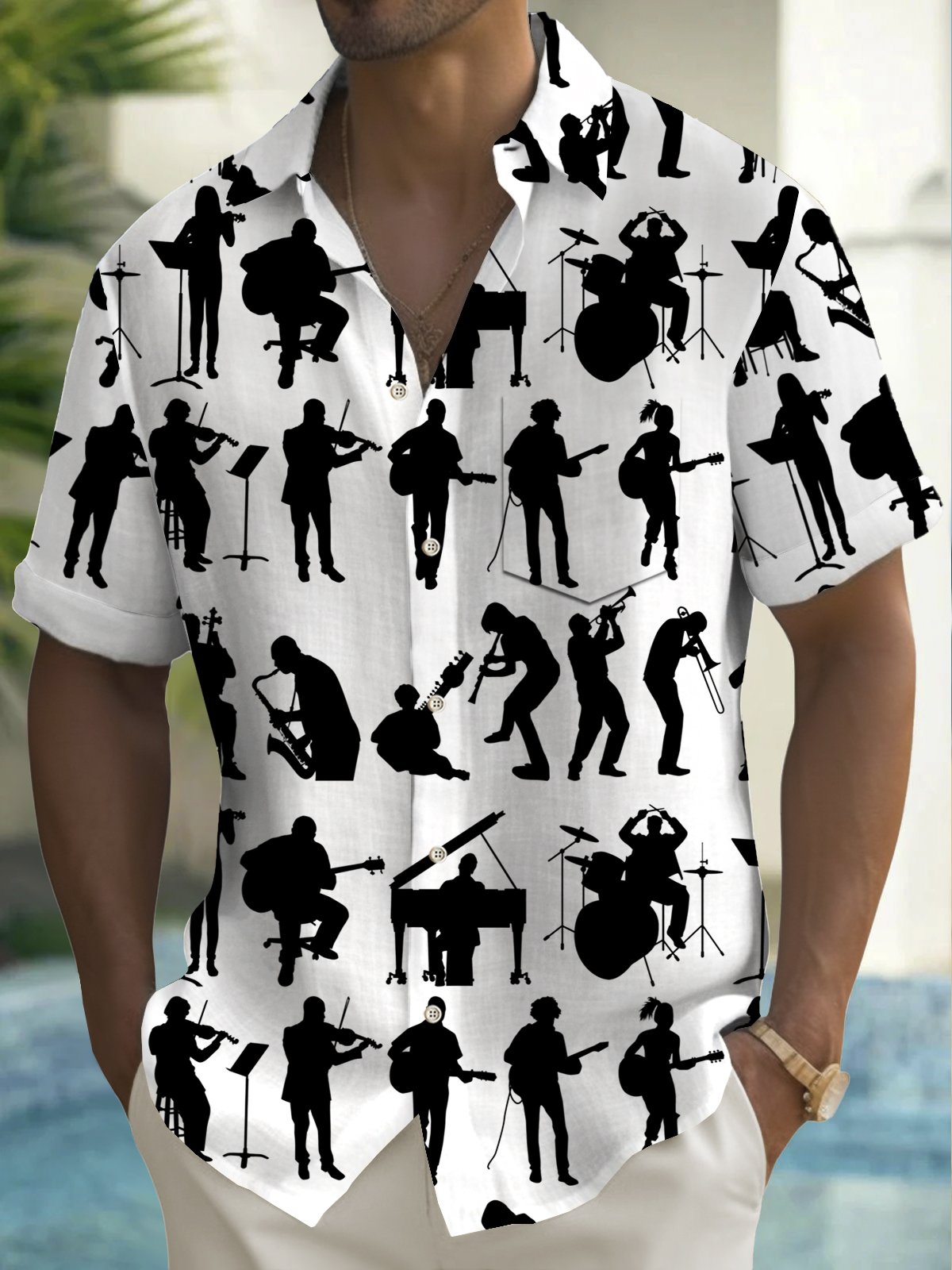 Royaura® Vintage Music Print Men's Chest Pocket Stretch Shirt Big Tall