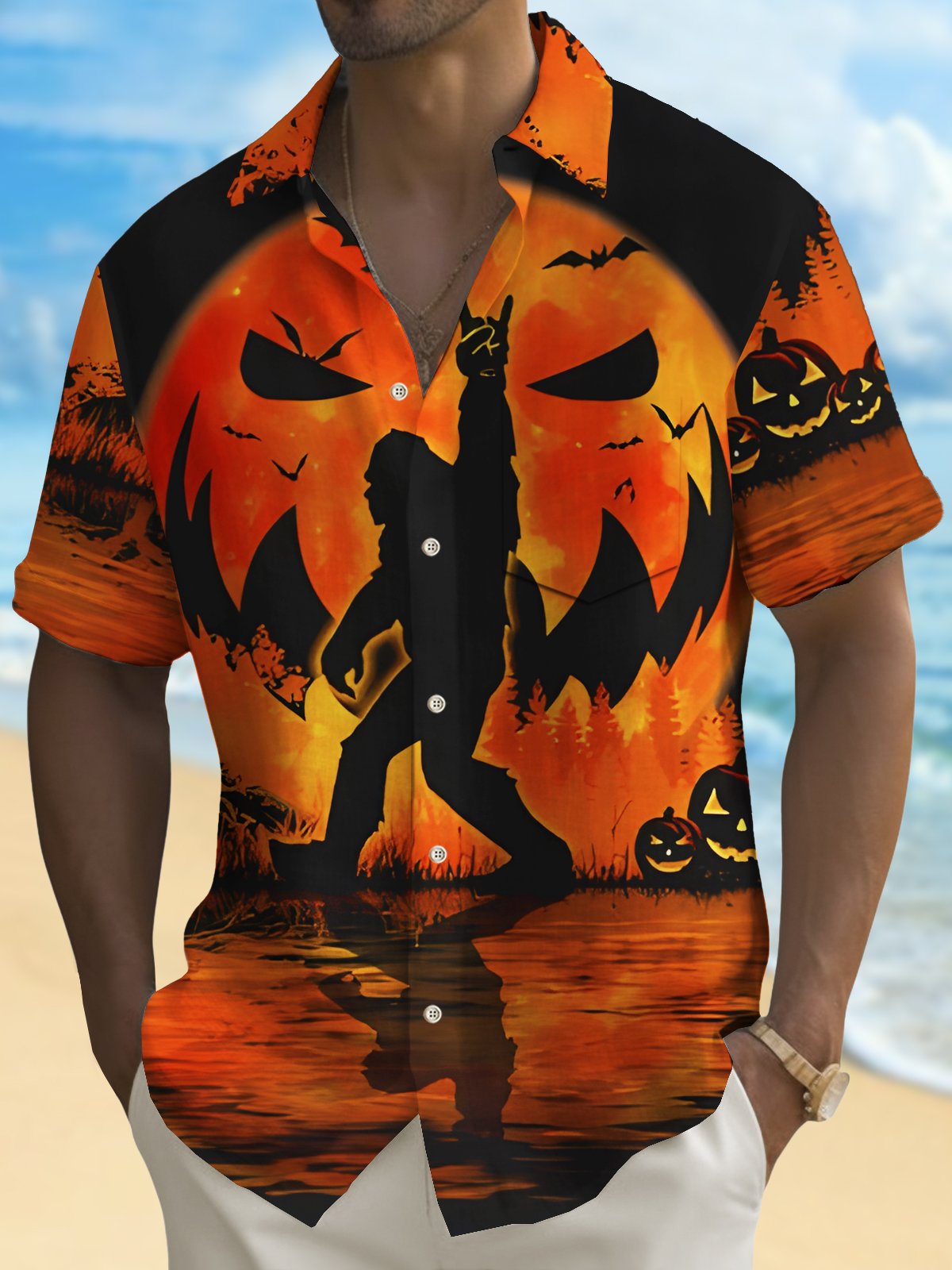 Royaura® Halloween Pumpkin Big Feet Print Men's Chest Pocket Stretch Shirt Big Tall