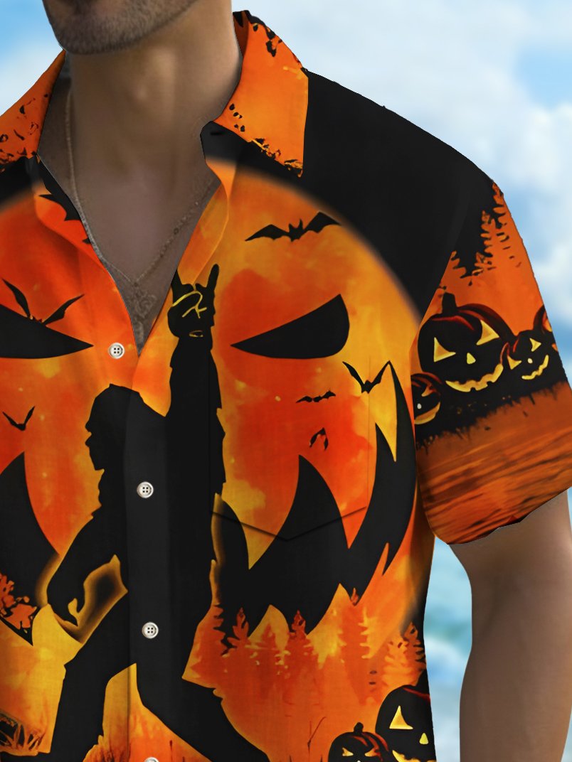 Royaura® Halloween Pumpkin Big Feet Print Men's Chest Pocket Stretch Shirt Big Tall