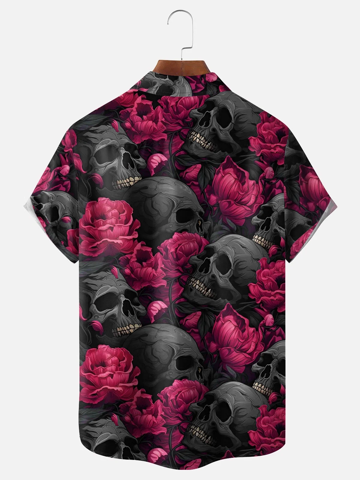 Royaura® Retro Halloween Skull Rose Flower 3D Digital Print Men's Button Pocket Short Sleeve Shirt Big & Tall