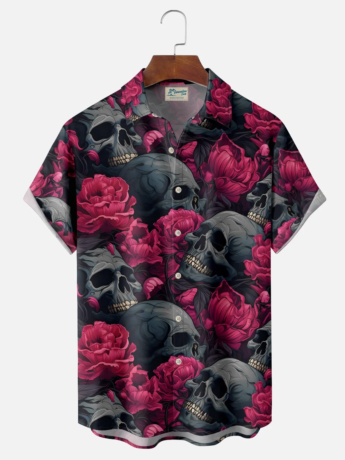 Royaura® Retro Halloween Skull Rose Flower 3D Digital Print Men's Button Pocket Short Sleeve Shirt Big & Tall