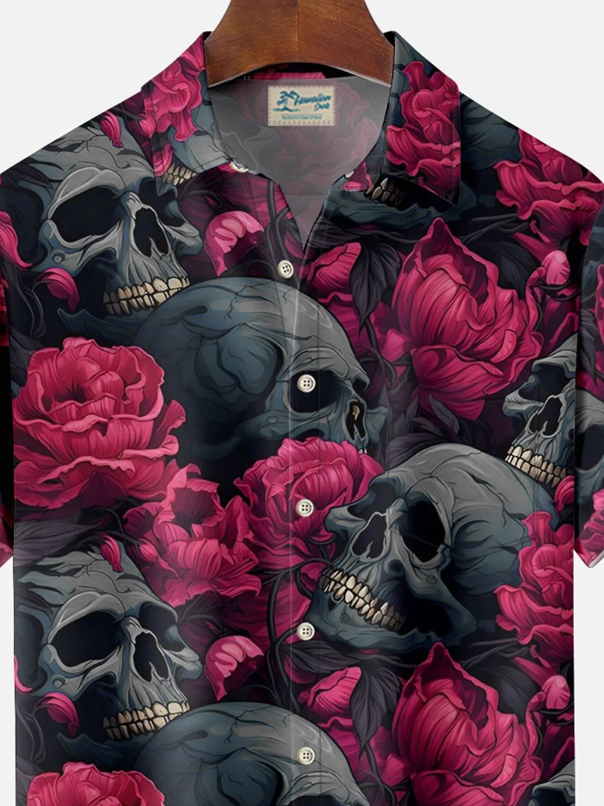 Royaura® Retro Halloween Skull Rose Flower 3D Digital Print Men's Button Pocket Short Sleeve Shirt Big & Tall