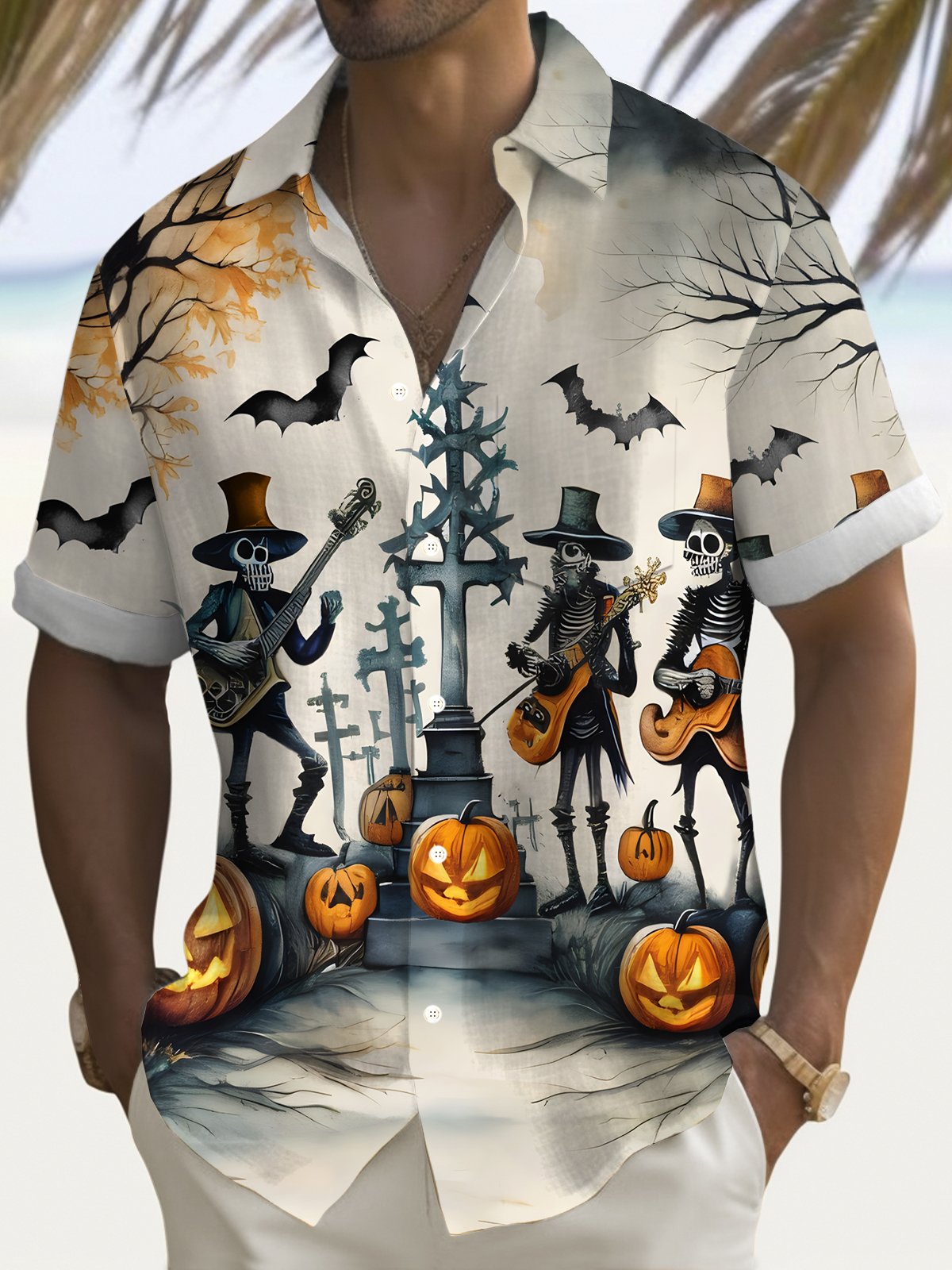 Royaura® Retro Halloween Skull Pumpkin 3D Digital Print Men's Button Pocket Short Sleeve Shirt Big & Tall