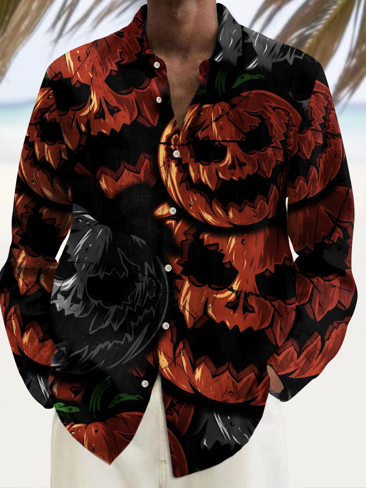 Royaura® Halloween Men's Pumpkin Print Chest Pocket Stretch Long Sleeve Shirt Big Tall