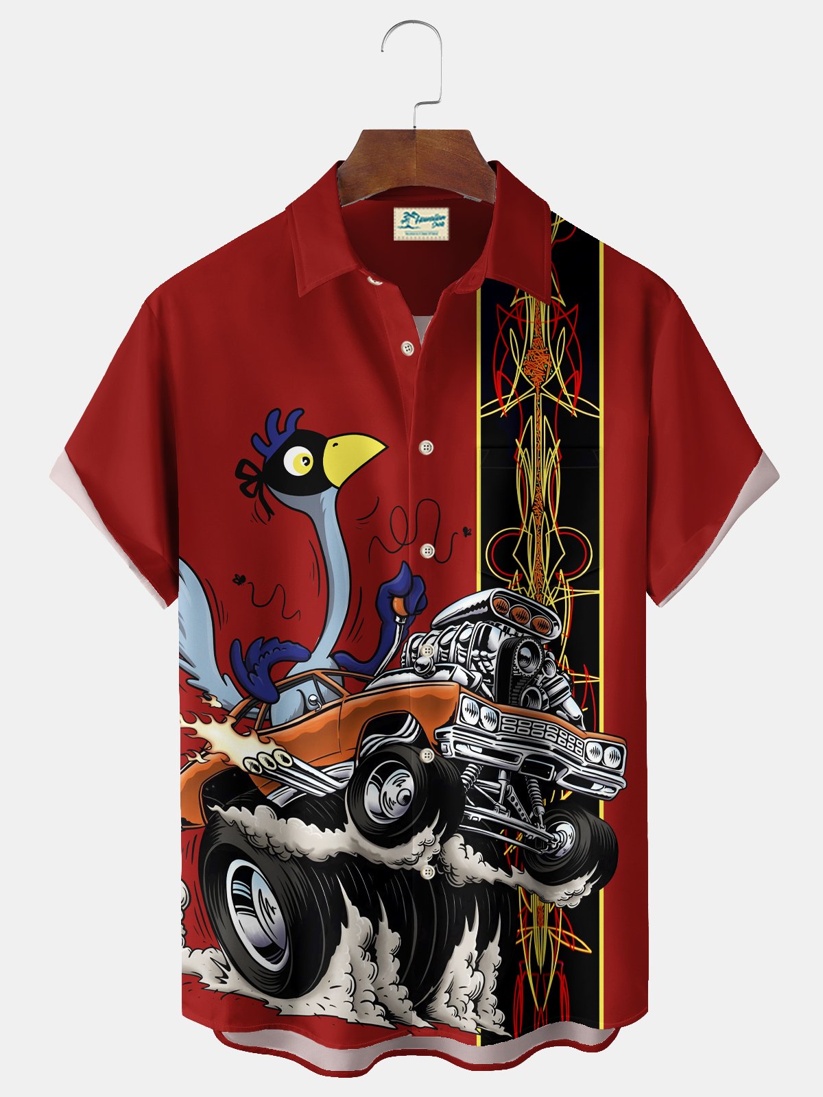 Royaura® 50's Retro Pinstripe Car Men's Bowling Shirt Cartoon Art Stretch Pocket Camp Shirt Big Tall