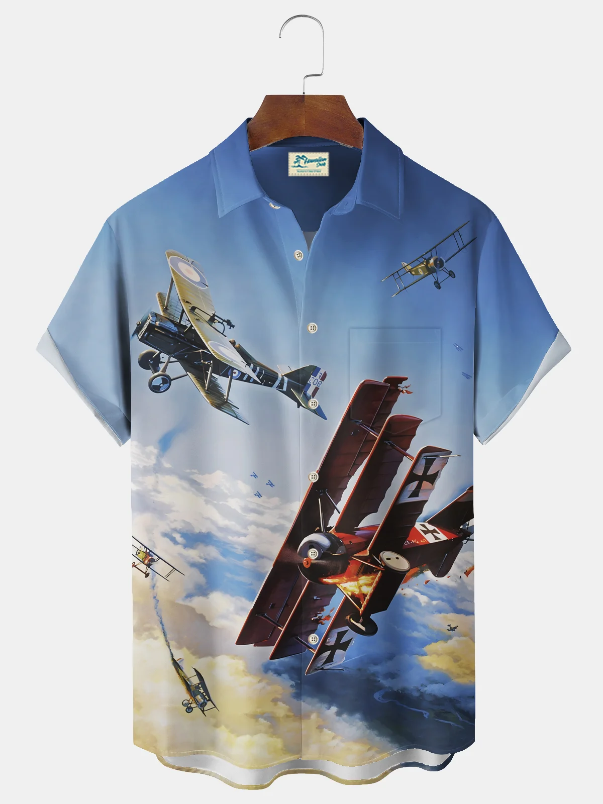 Royaura® Vintage Airplane Poster Print Chest Pocket Stretch Shirt Big Tall