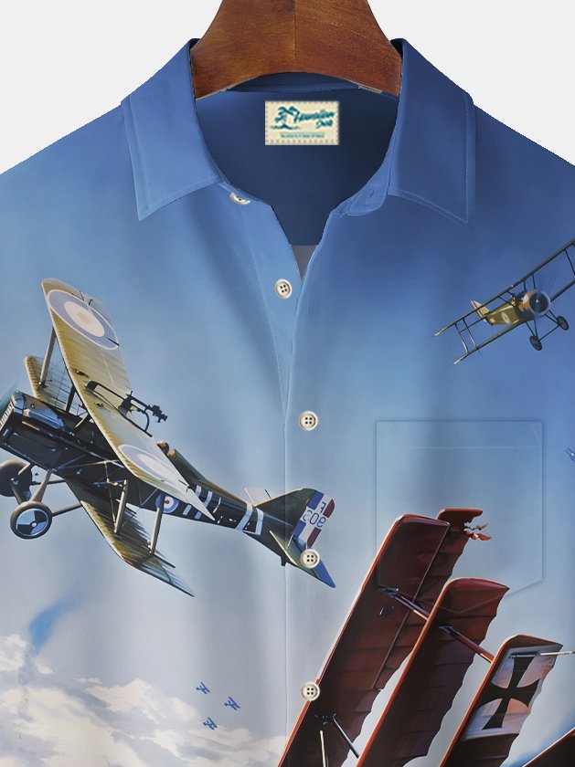 Royaura® Vintage Airplane Poster Print Chest Pocket Stretch Shirt Big Tall