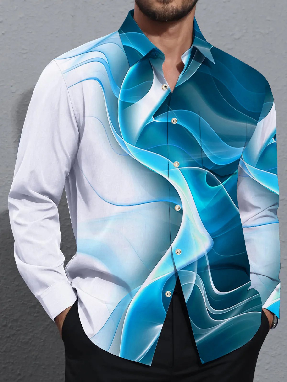 Royaura® Retro Gradient 3D Digital Print Men's Button Pocket Long Sleeve Shirt Big & Tall