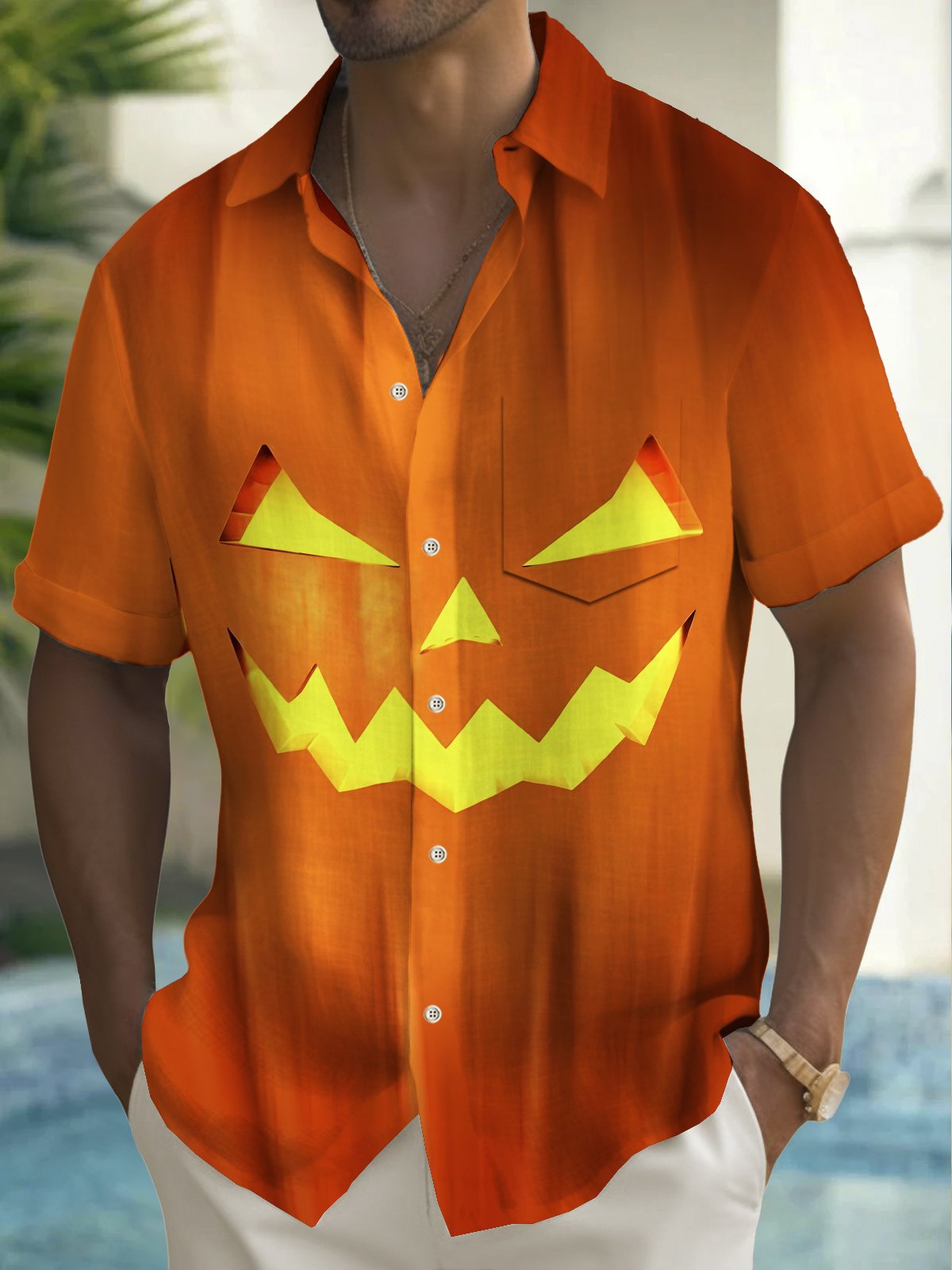 Royaura® Halloween Pumpkin Print Men's Chest Pocket Stretch Shirt Big Tall