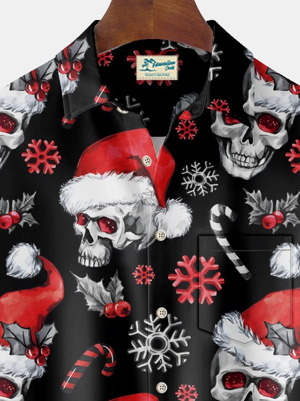 Royaura® Halloween Holiday Skull Print Men's Chest Pocket Stretch Shirt Big Tall