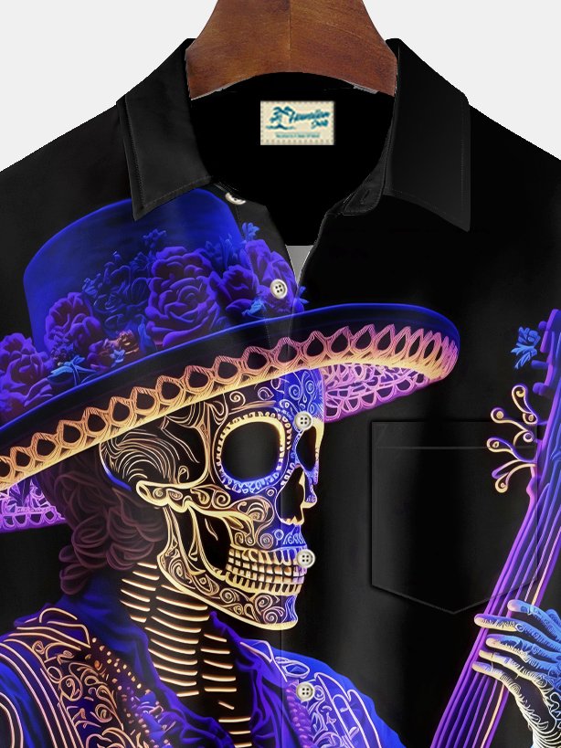 Royaura® Halloween Skull Print Men's Chest Pocket Stretch Shirt Big Tall