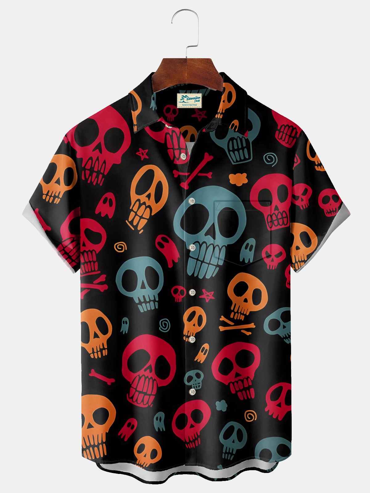 Royaura® Halloween Skull Print Men's Chest Pocket Stretch Shirt Big Tall