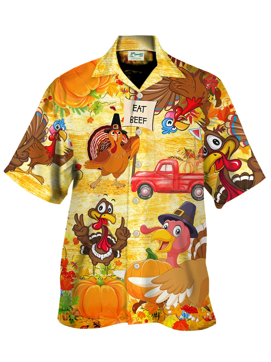 Royaura® Thanksgiving Turkey Print Men's Chest Pocket Stretch Shirt Big Tall