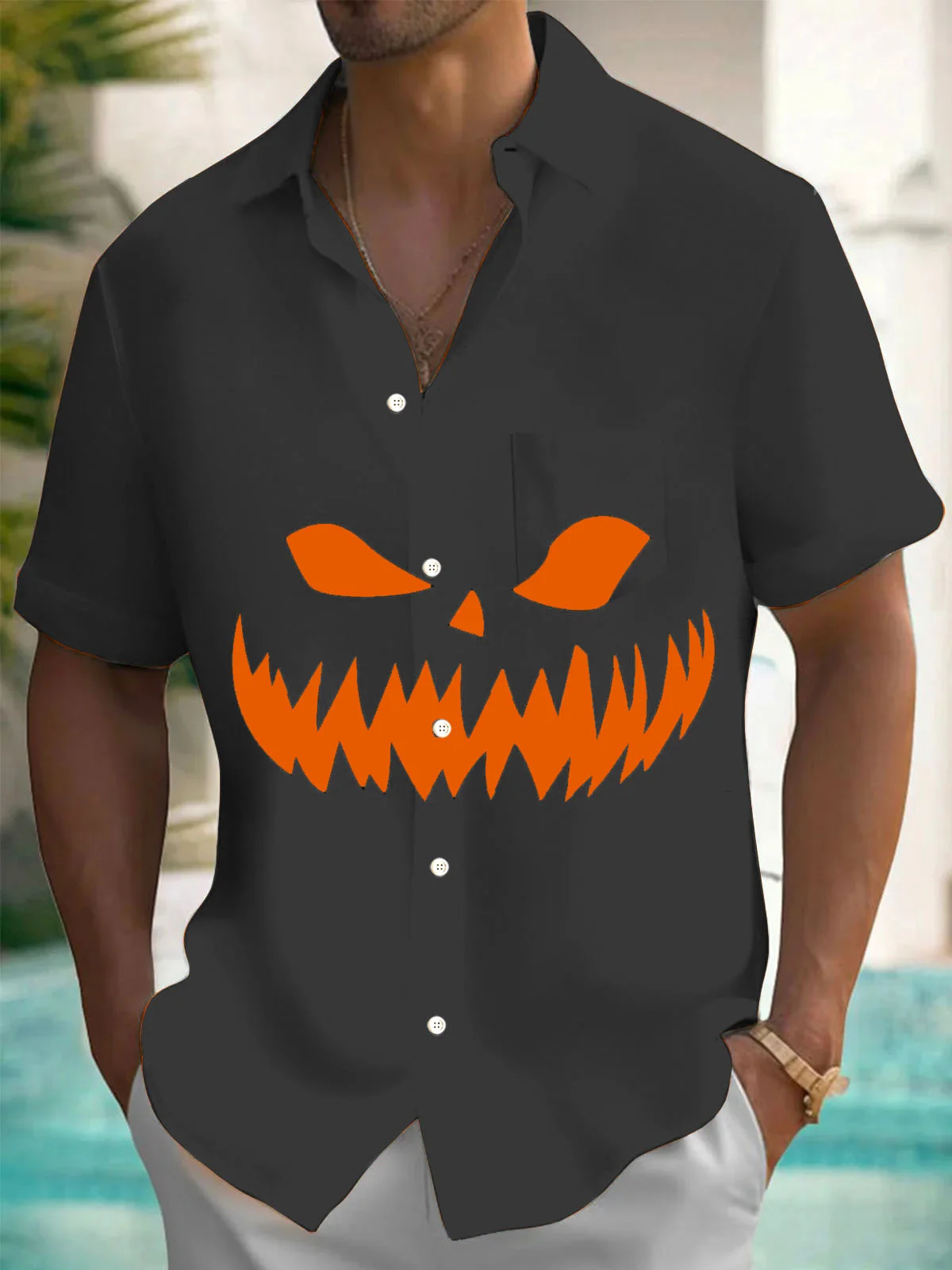 Royaura® Retro Halloween Pumpkin 3D Digital Print Men's Button Pocket Short Sleeve Shirt Big & Tall