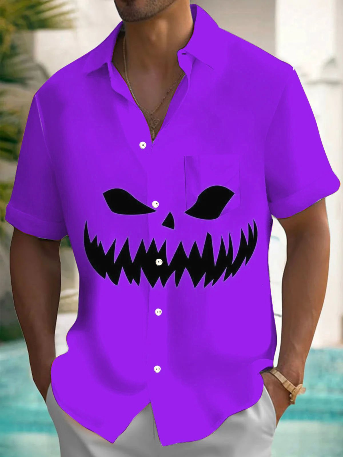 Royaura® Retro Halloween Pumpkin 3D Digital Print Men's Button Pocket Short Sleeve Shirt Big & Tall