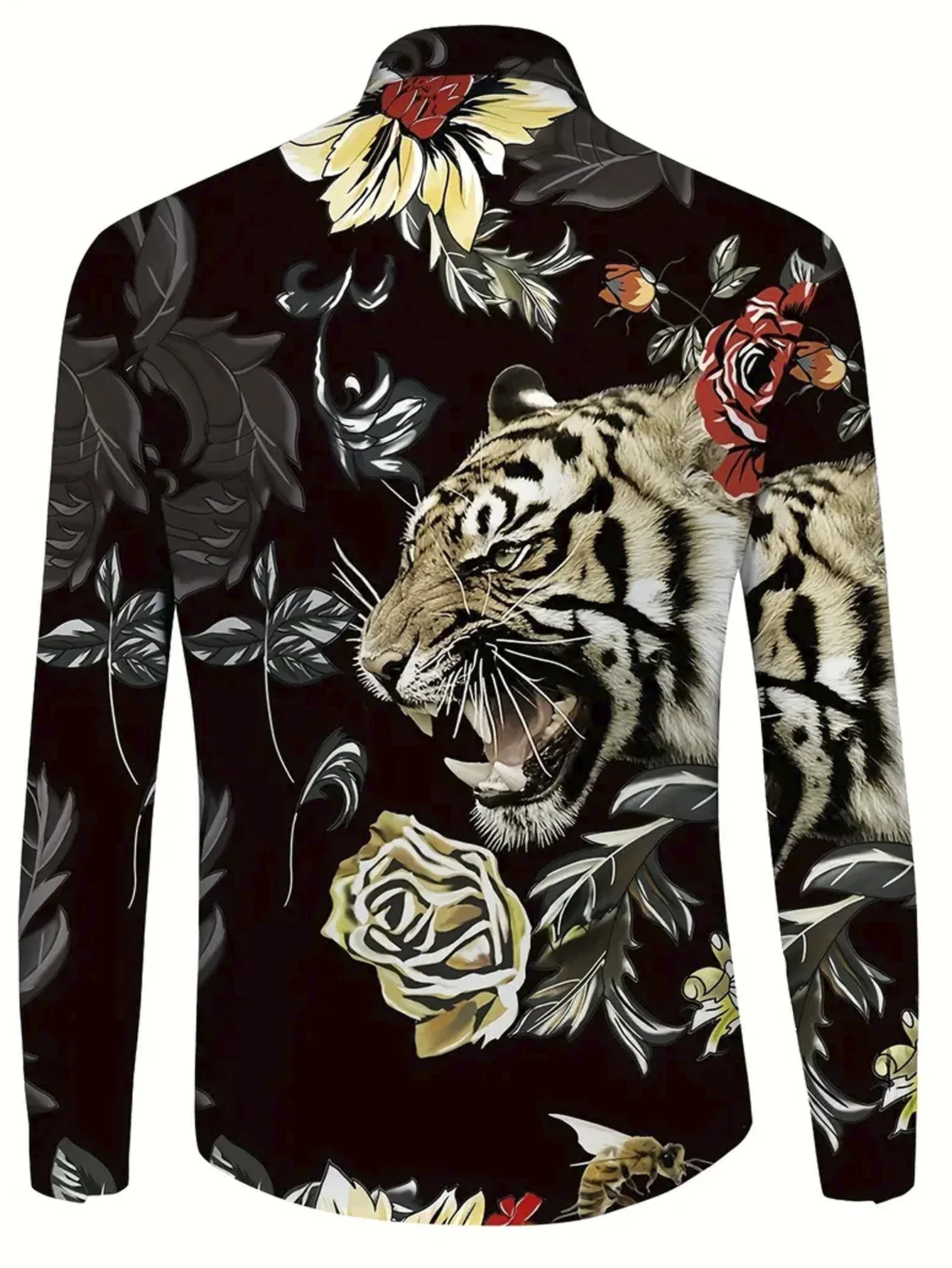 Royaura® Vintage Tiger Flower 3D Digital Print Men's Button Pocket Long Sleeve Shirt Big & Tall