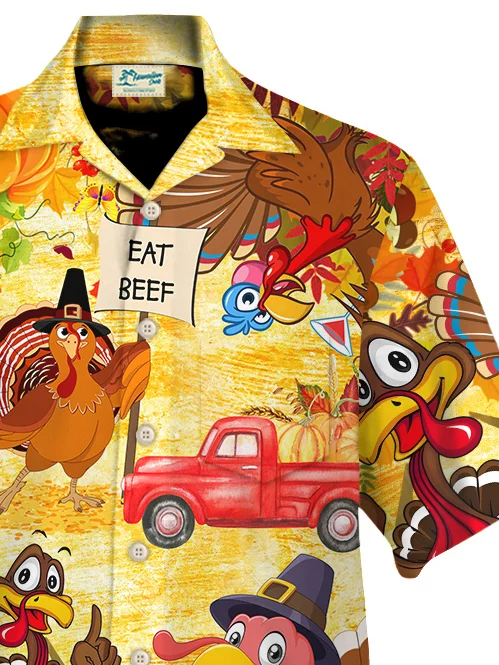 Royaura® Thanksgiving Turkey Print Men's Chest Pocket Stretch Shirt Big Tall