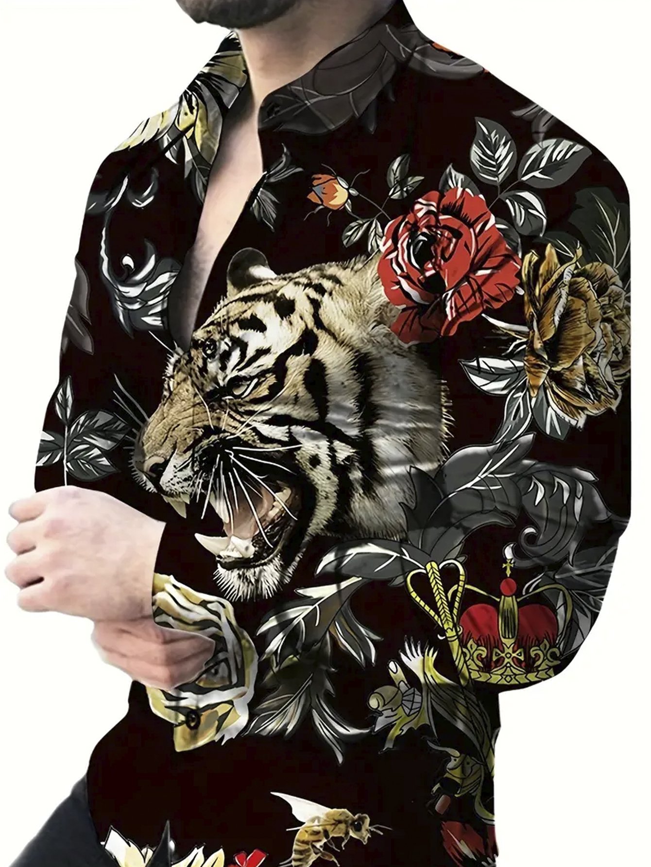 Royaura® Vintage Tiger Flower 3D Digital Print Men's Button Pocket Long Sleeve Shirt Big & Tall