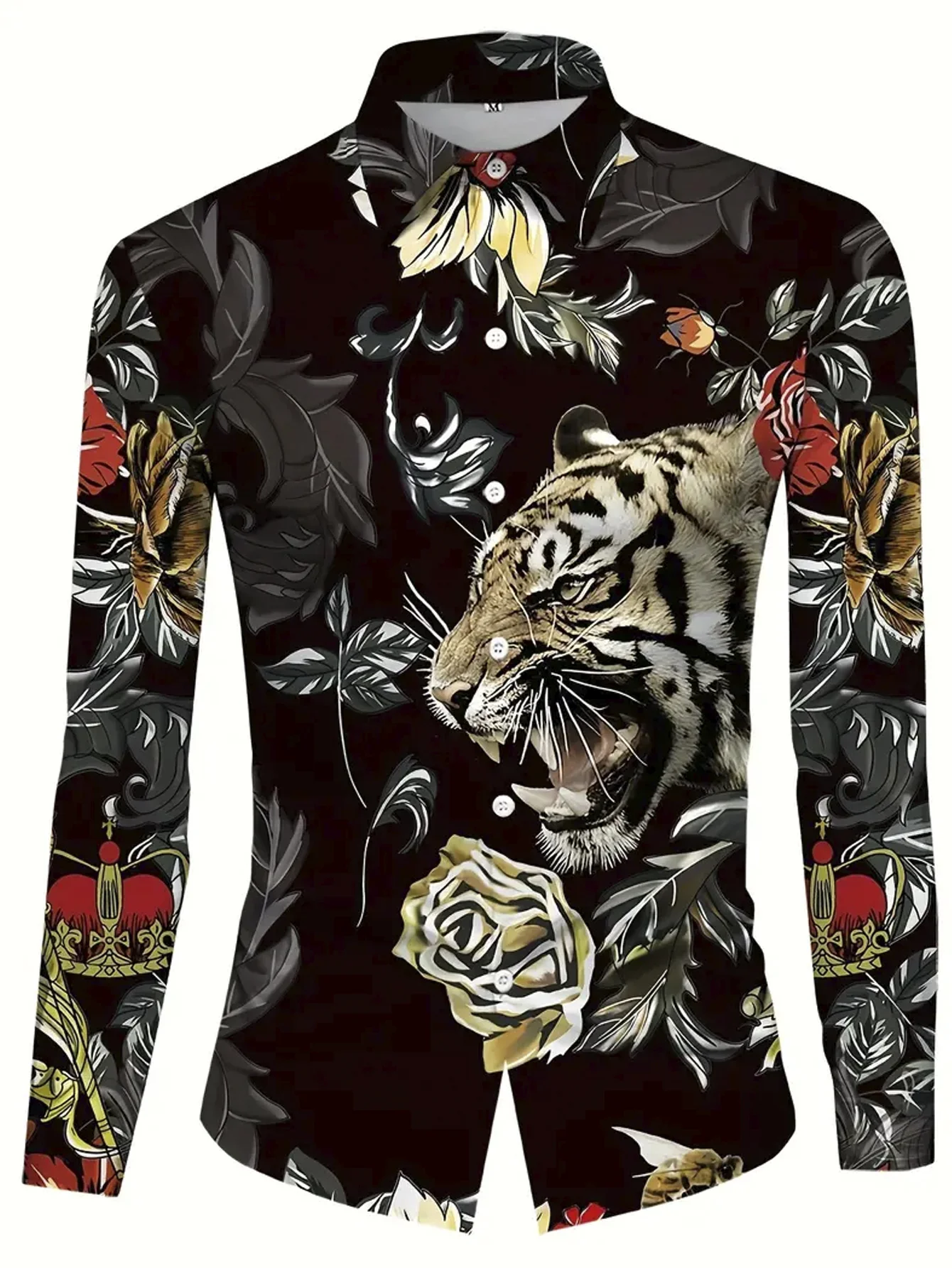 Royaura® Vintage Tiger Flower 3D Digital Print Men's Button Pocket Long Sleeve Shirt Big & Tall