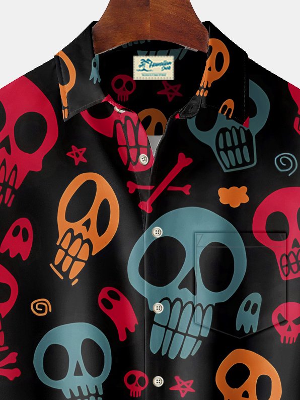 Royaura® Halloween Skull Print Men's Chest Pocket Stretch Shirt Big Tall