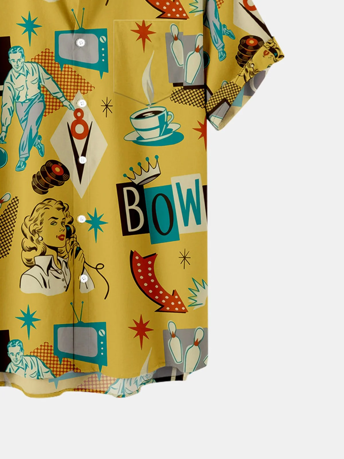 Royaura® 60s Retro Bowling 3D Digital Print Men's Button Pocket Short Sleeve Shirt Big & Tall