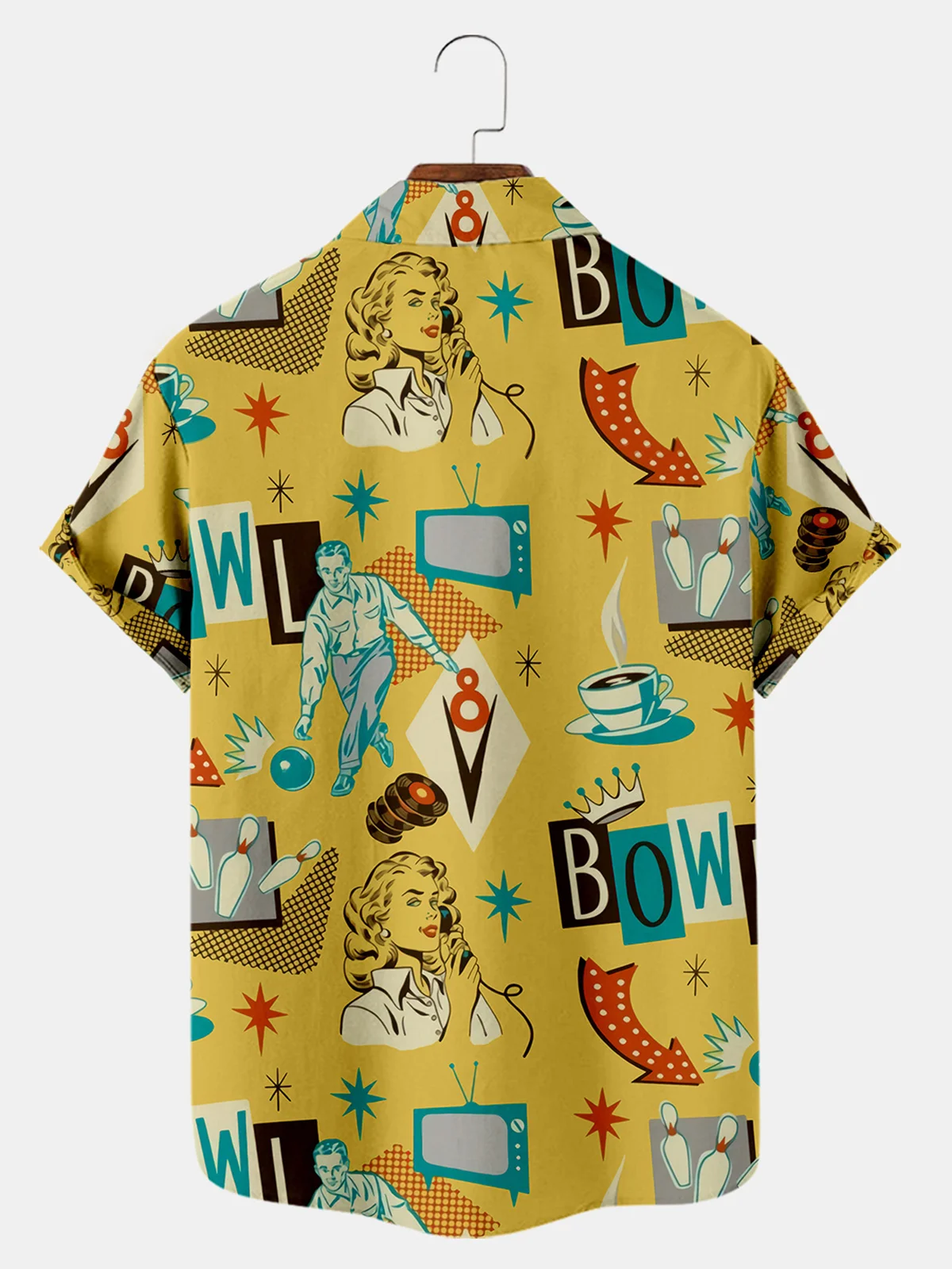 Royaura® 60s Retro Bowling 3D Digital Print Men's Button Pocket Short Sleeve Shirt Big & Tall