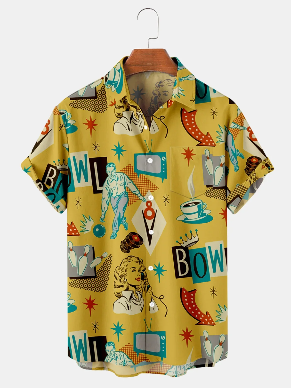 Royaura® 60s Retro Bowling 3D Digital Print Men's Button Pocket Short Sleeve Shirt Big & Tall