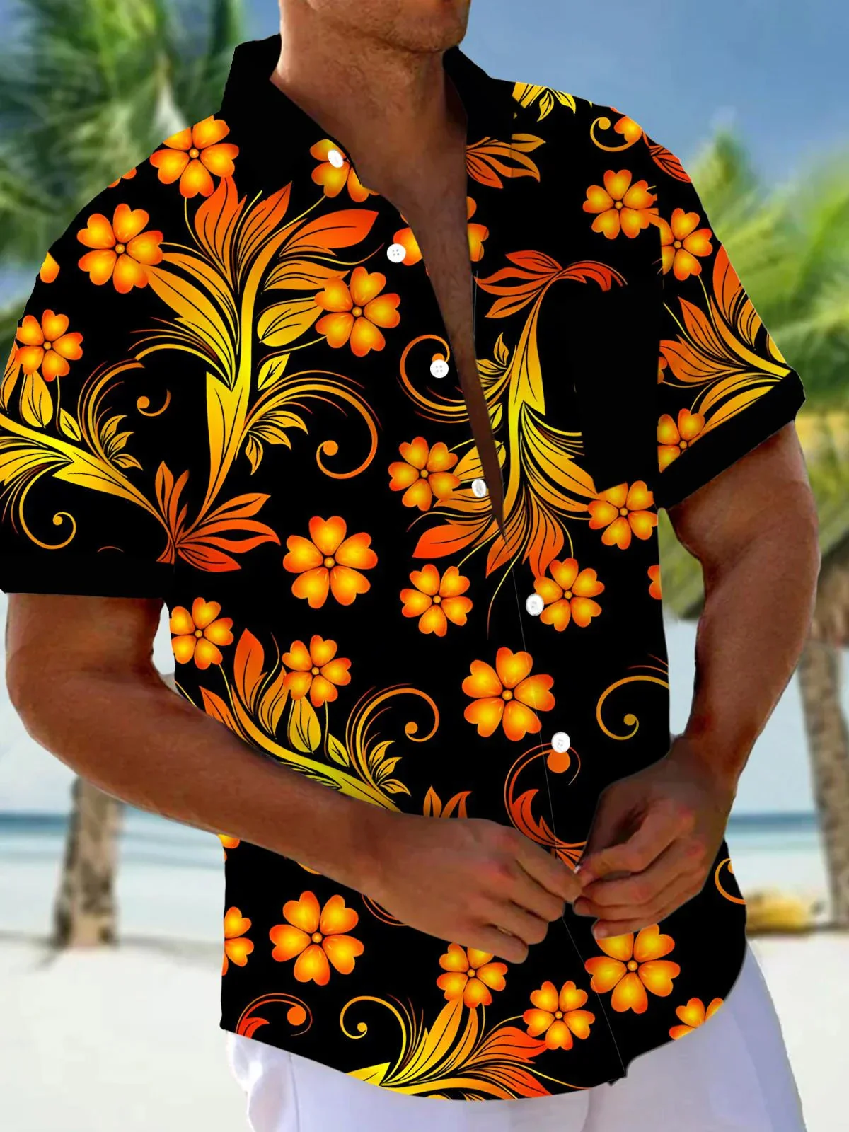 Royaura® Hawaiian Gold Floral 3D Digital Print Men's Button Pocket Short Sleeve Shirt Big & Tall